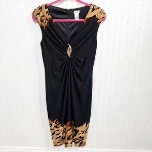 Cache Vintage Black, Tan & Gold Metallic Leopard Print V-Neck Sheath Dress Sz 6